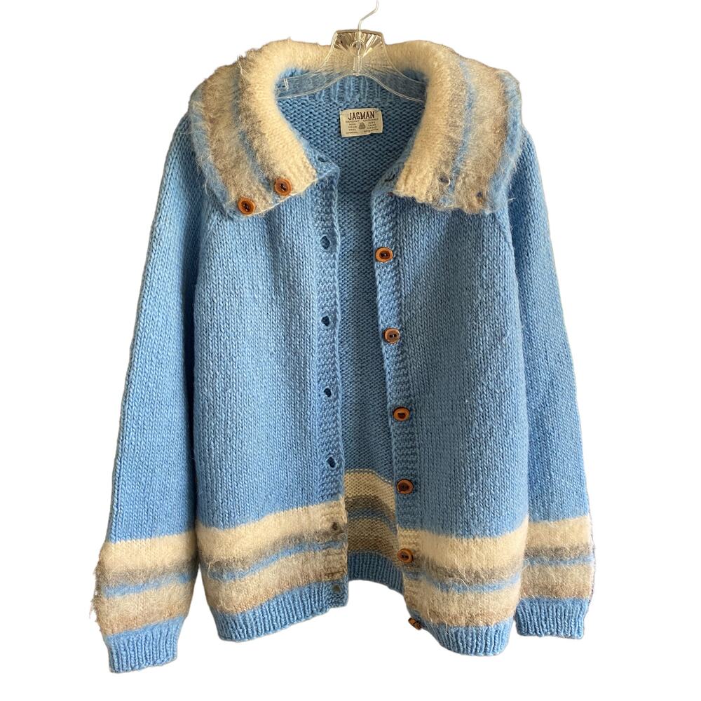 Vintage Women's JAGMAN Wool Cardigan Sweater Handknit Blue Retro Fuzzy M L XL